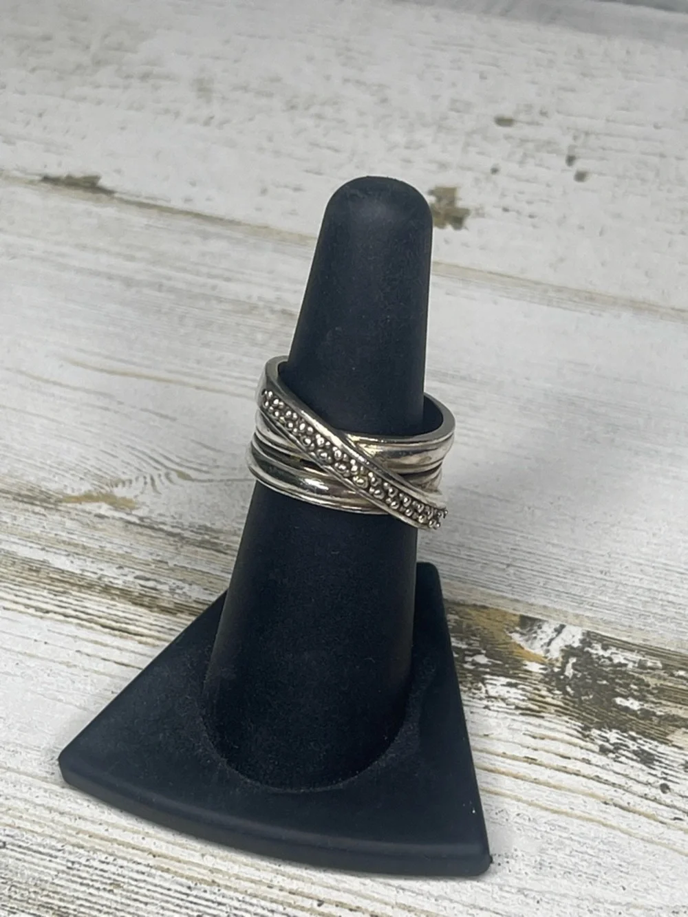 Michael Dawkins Sterling Silver Caviar Cross Over Ring